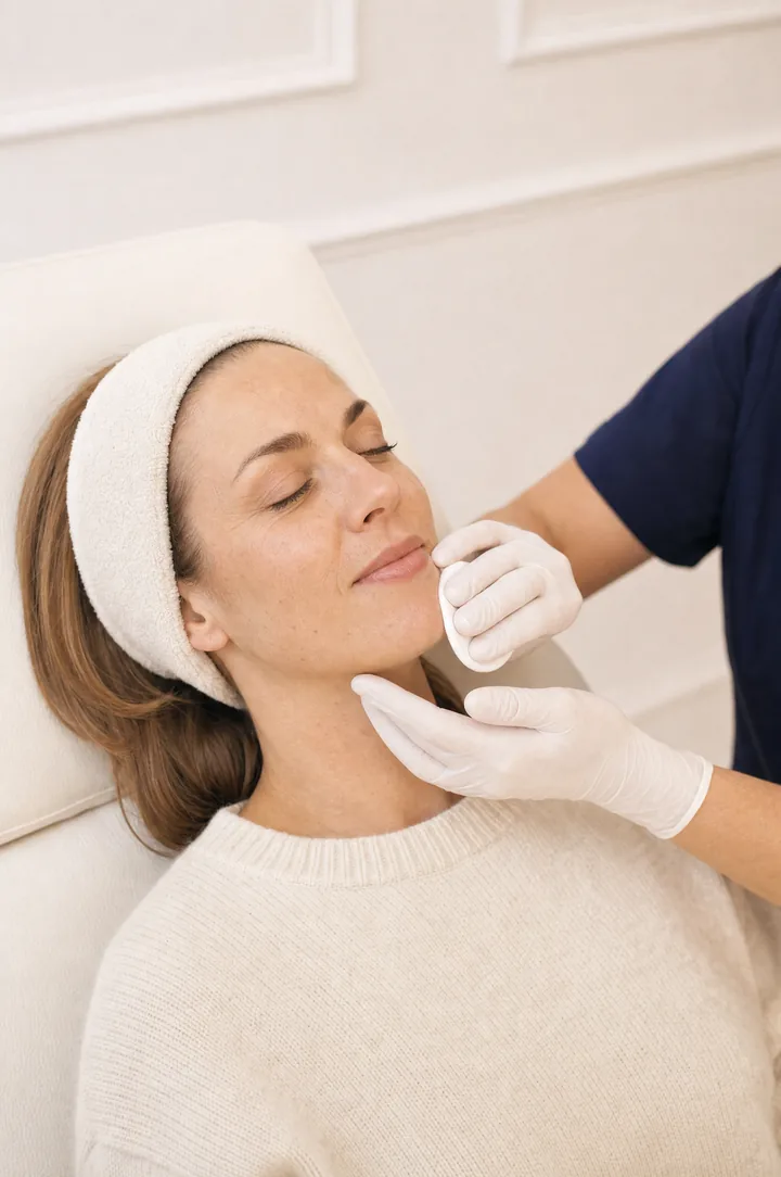 A nurse cleansing a client’s skin before treatment