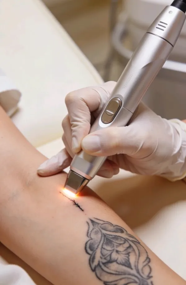 A laser tattoo removal handpiece over a forearm tattoo
