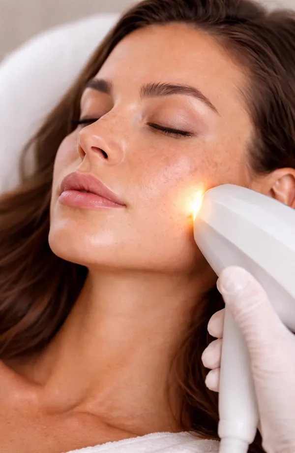 A gloved hand guiding a laser handpiece along a woman’s cheekbone